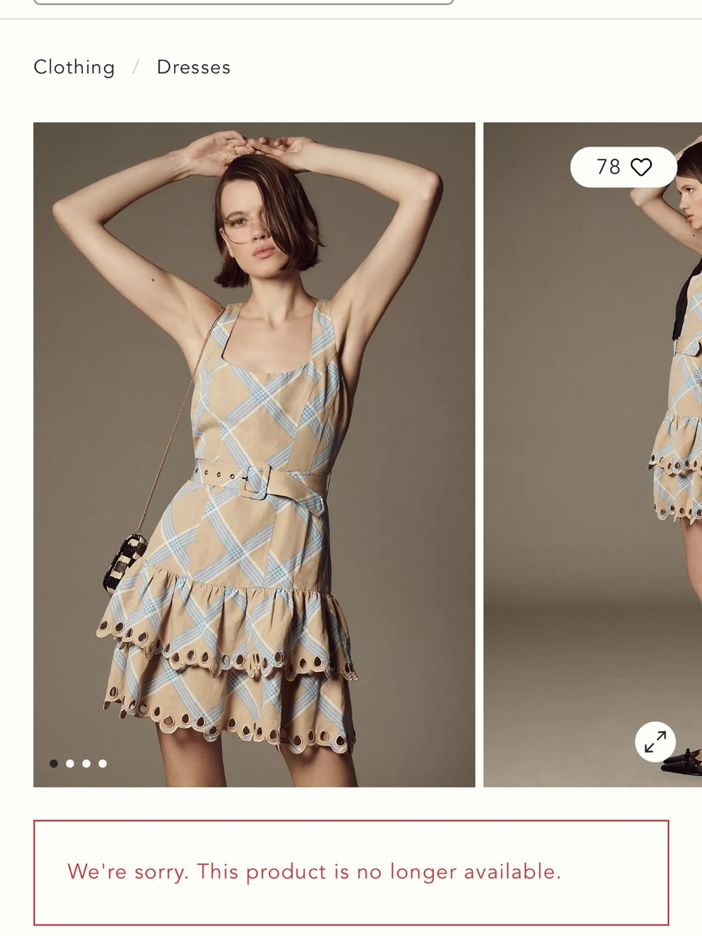 NWOT En Saison Tan and Light Blue Plaid Belted Midi Dress with Eyelet Hem Large